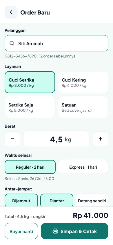 Form order baru dengan pilihan layanan, berat, Express dan antar-jemput