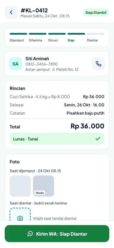 Detail order dengan status, rincian harga, foto dan tombol kirim WhatsApp